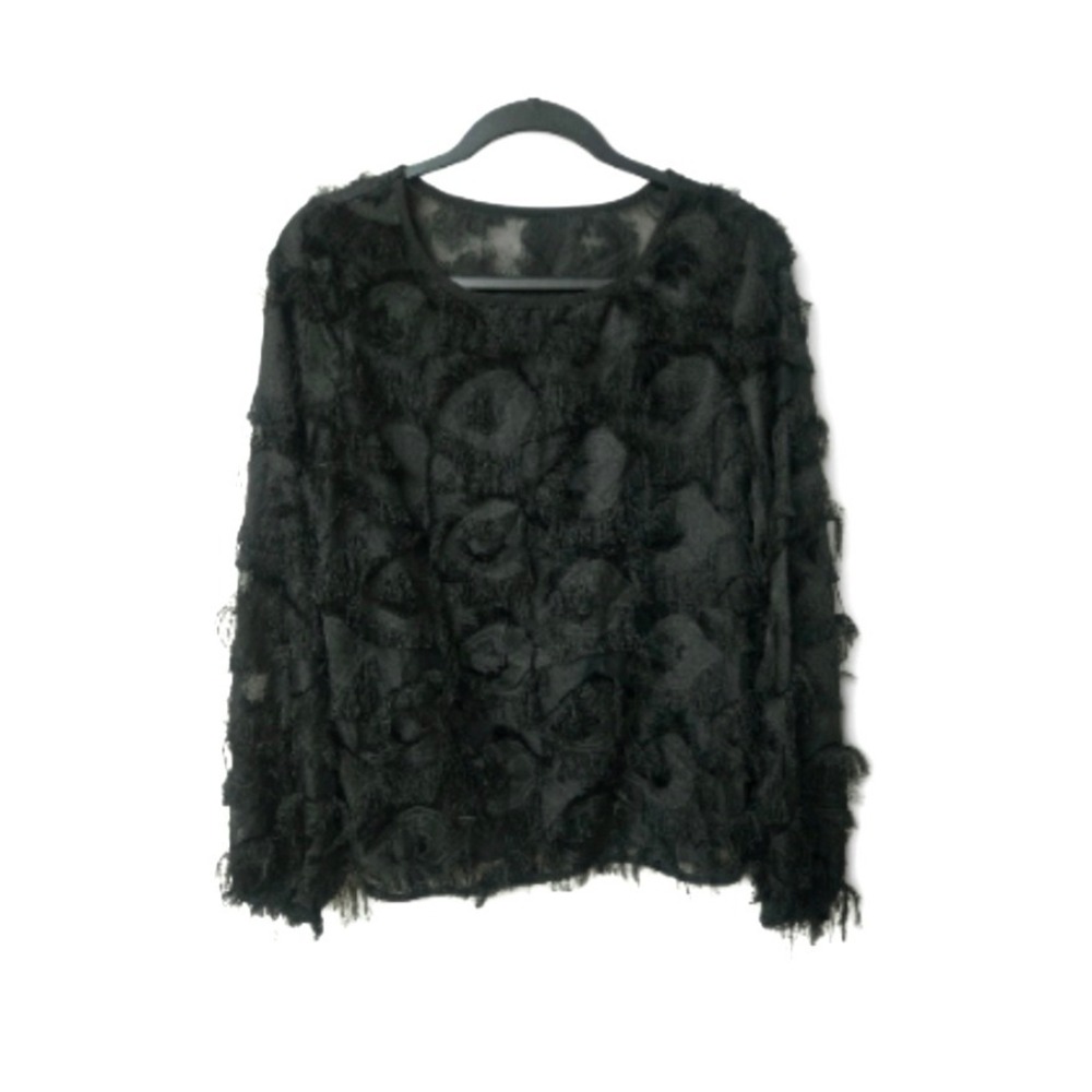 Black Eyelash Fringe Blouse Sheer Textured Fuzzy Shaggy Long Sleeve Top Size M